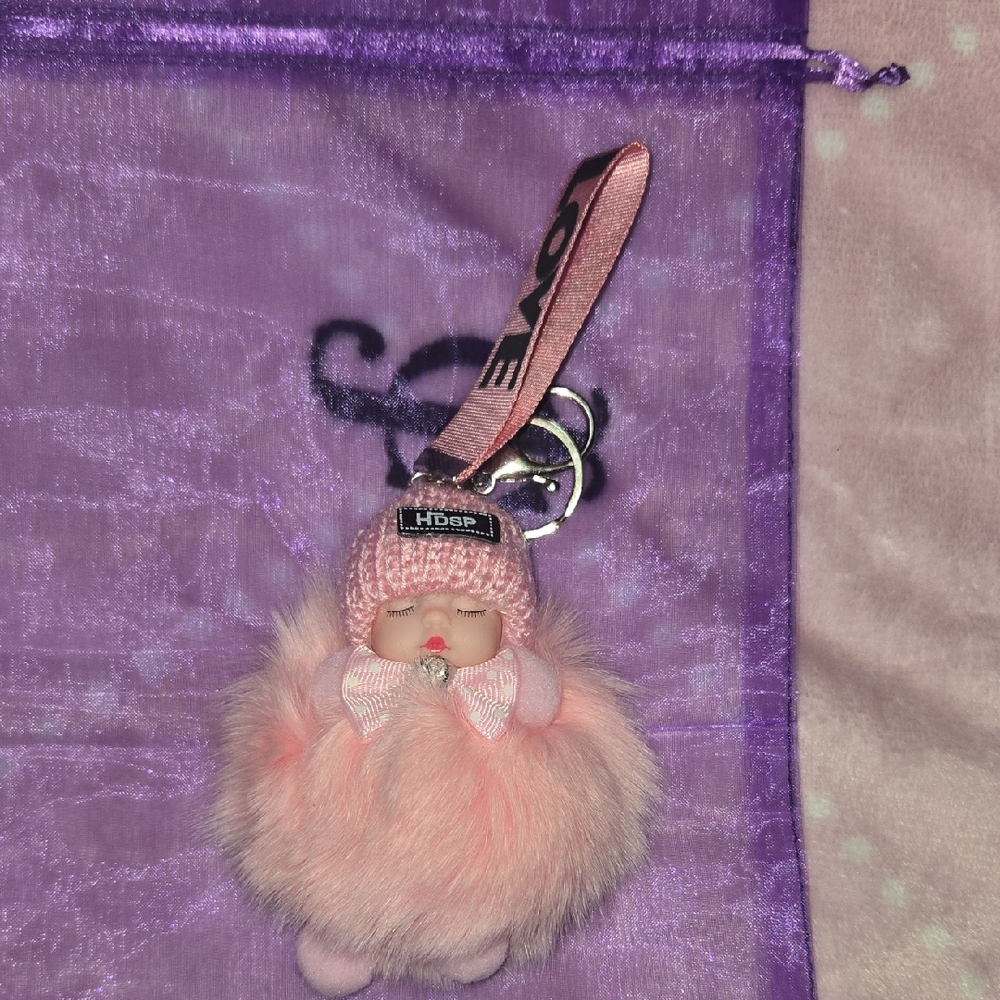 Pink Fluffy Doll Pom Keychain with Strap